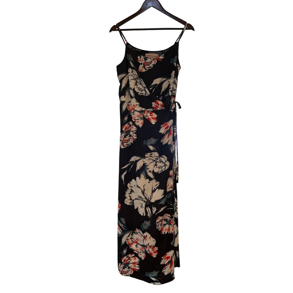 Philosophy Republic Clothing Black Floral Wrap Maxi Dress Size 6 V-Neck Chiffon - Picture 3 of 9